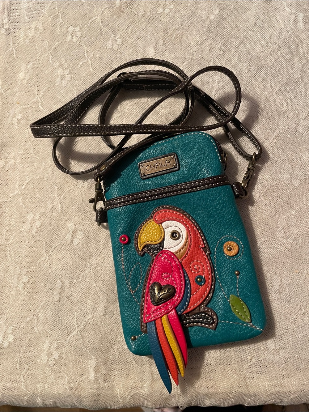 Chala Teal Crossbody Phone Pouch with Colorful Parrot Applique